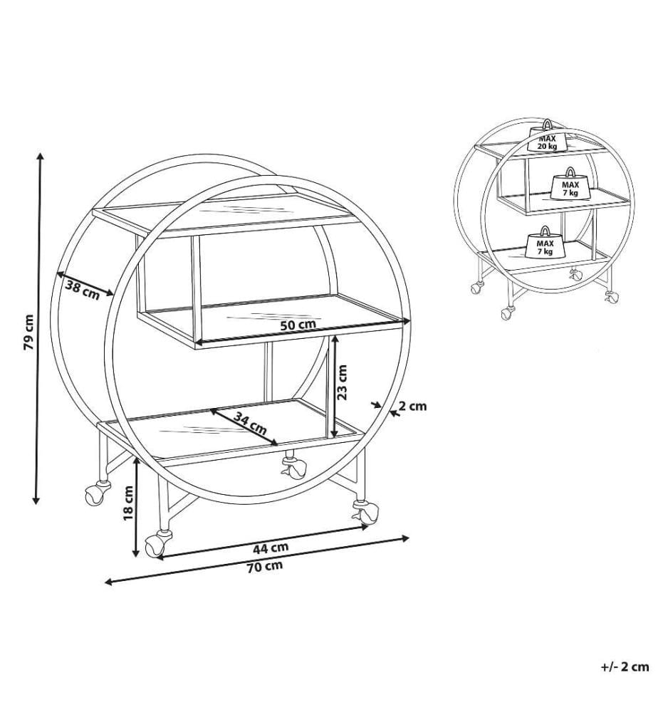 Chariot de Cuisine Doré en Verre Transparent et Métal 50 x 34 cm sur Roues à Trois Etagères pour Salle à Manger