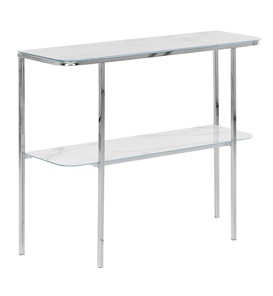 Table Console en Verre Trempé Blanc Effet Marbre et Pieds en Acier Argentés 100 x 33 cm Déco Glamour Salon Moderne Chambre Couloir
