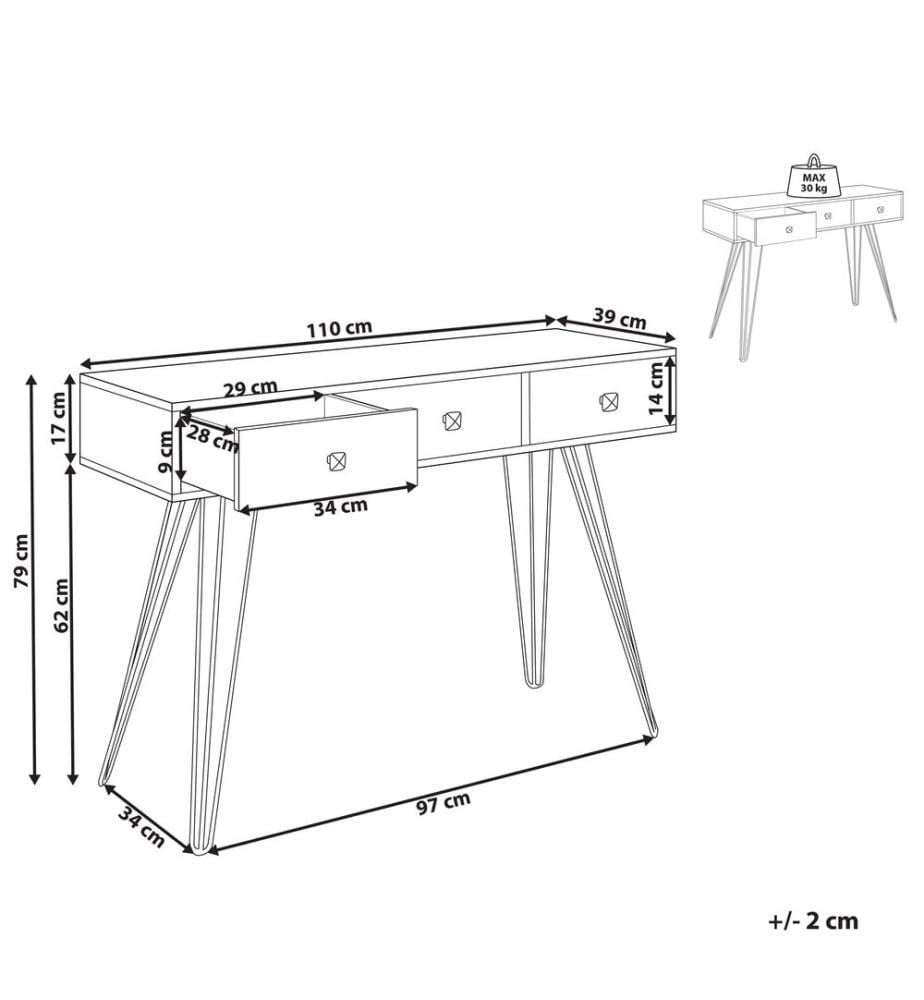 Konsolentisch Dunkler Holzfarbton und Schwarz Faserplatte Metallgestell Haarnadelbeine 3 Schubladen Rechteckig Schmal Schlafzimmer Wohnzimmer