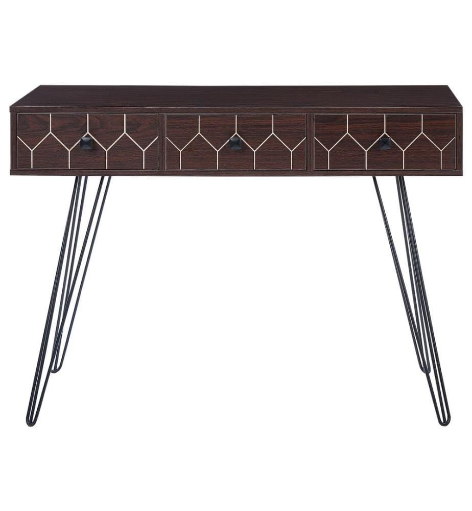 Konsolentisch Dunkler Holzfarbton und Schwarz Faserplatte Metallgestell Haarnadelbeine 3 Schubladen Rechteckig Schmal Schlafzimmer Wohnzimmer