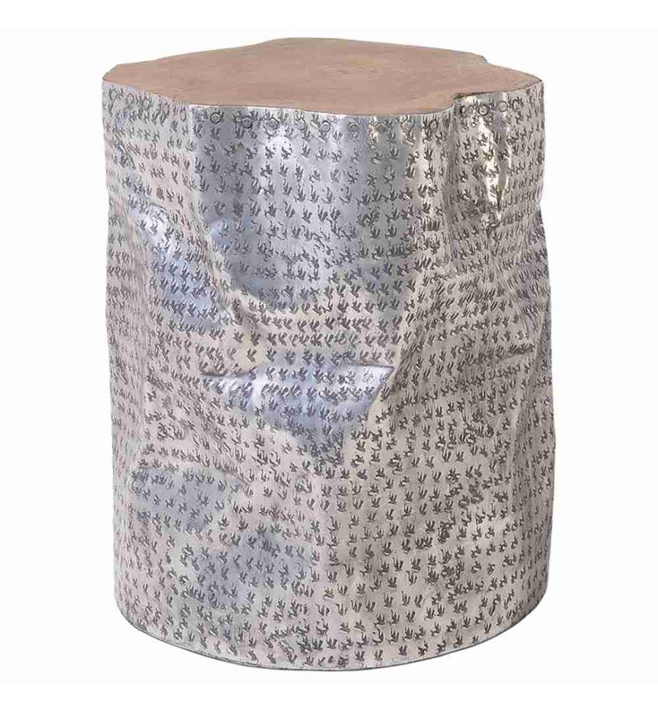 Beistelltisch Silber mit Braun Teakholz 37 x 46 cm Aluminium Kaffeetisch Multifunktional Zylindrische Form Modern Scandinavien Stil