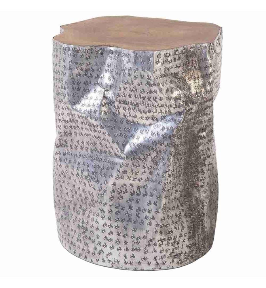 Beistelltisch Silber mit Braun Teakholz 37 x 46 cm Aluminium Kaffeetisch Multifunktional Zylindrische Form Modern Scandinavien Stil