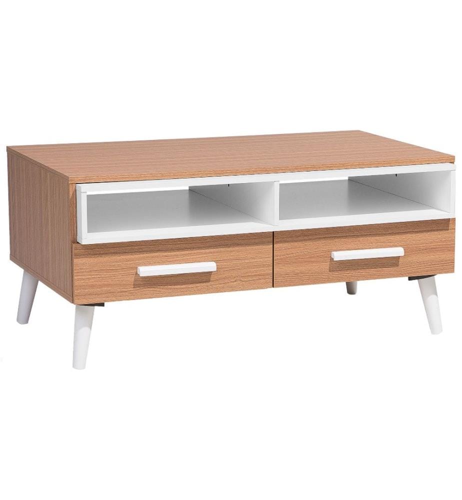 Couchtisch Braun mit Weiss 56 x 100 cm Spanplatte 2 Schubladen 2 Fächer Vielseitig Laminiert Rechteckig Modern