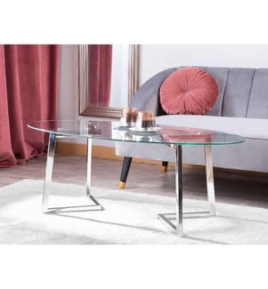 Table Basse Ovale avec Plateau en Verre et Cadre en Métal Argenté au Style Moderne et Glamour
