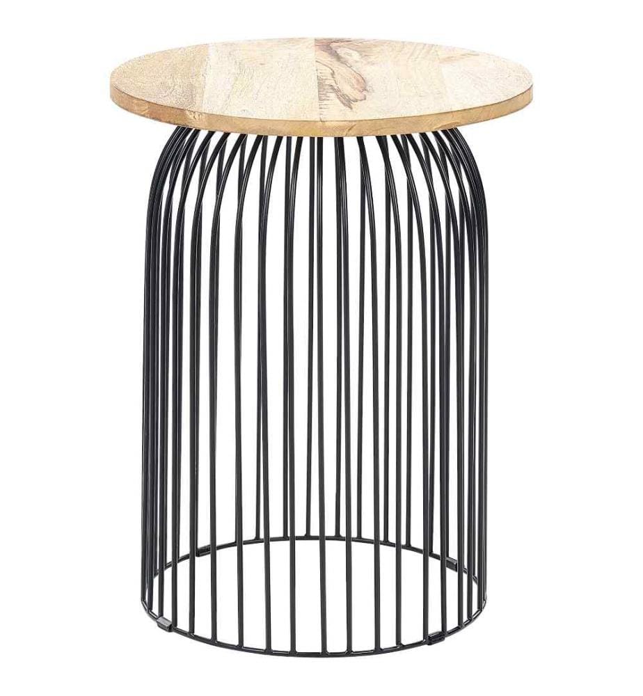 Beistelltisch Hellbraun Mango Holz Rund ? 36 cm mit Schwarzem Metallgestell Gitter-Optik Modern Salon Wohnzimmer Diele Flur Bad Esszimmer