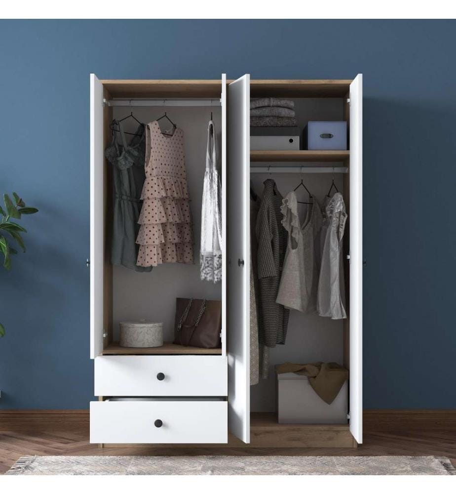 Kleiderschrank, Nussbaum Weiss, Melaminbeschichtete Spanplatte