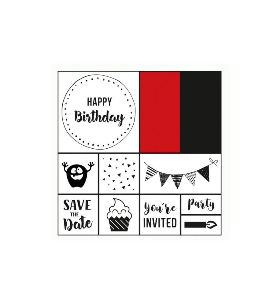 FOLIA - Motivstempel-Set Happy Birthday Geburtstag, Rot/Schwarz