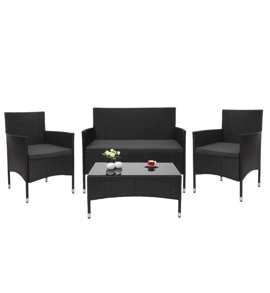 Balkon Sitzgruppe Poly-Rattan 7tlg. Garnitur-Lounge schwarz Kissen dunkelgrau