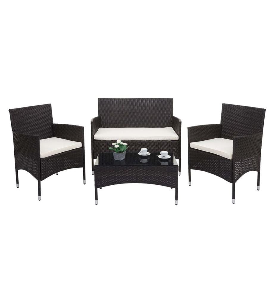 Balkon Sitzgruppe Poly-Rattan 7tlg. Garnitur-Lounge braun Kissen creme