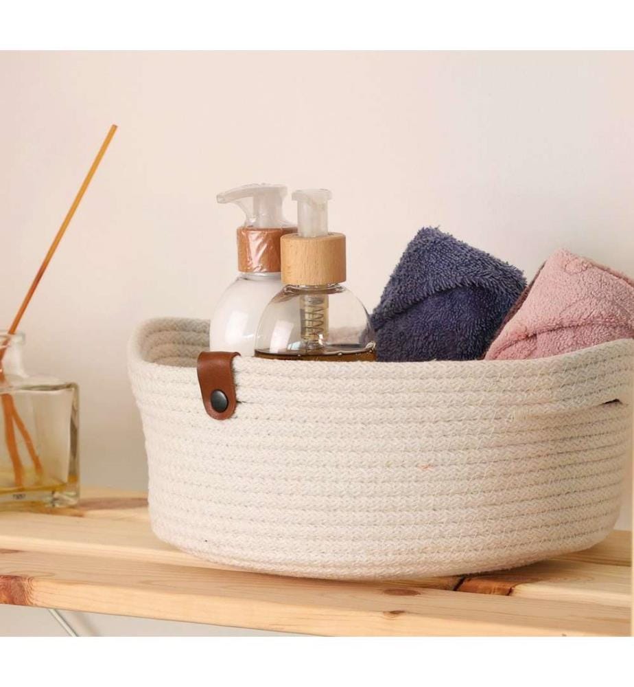 Panier en coton, 3 pièces, écru, 100% coton, corde de jute, fait main