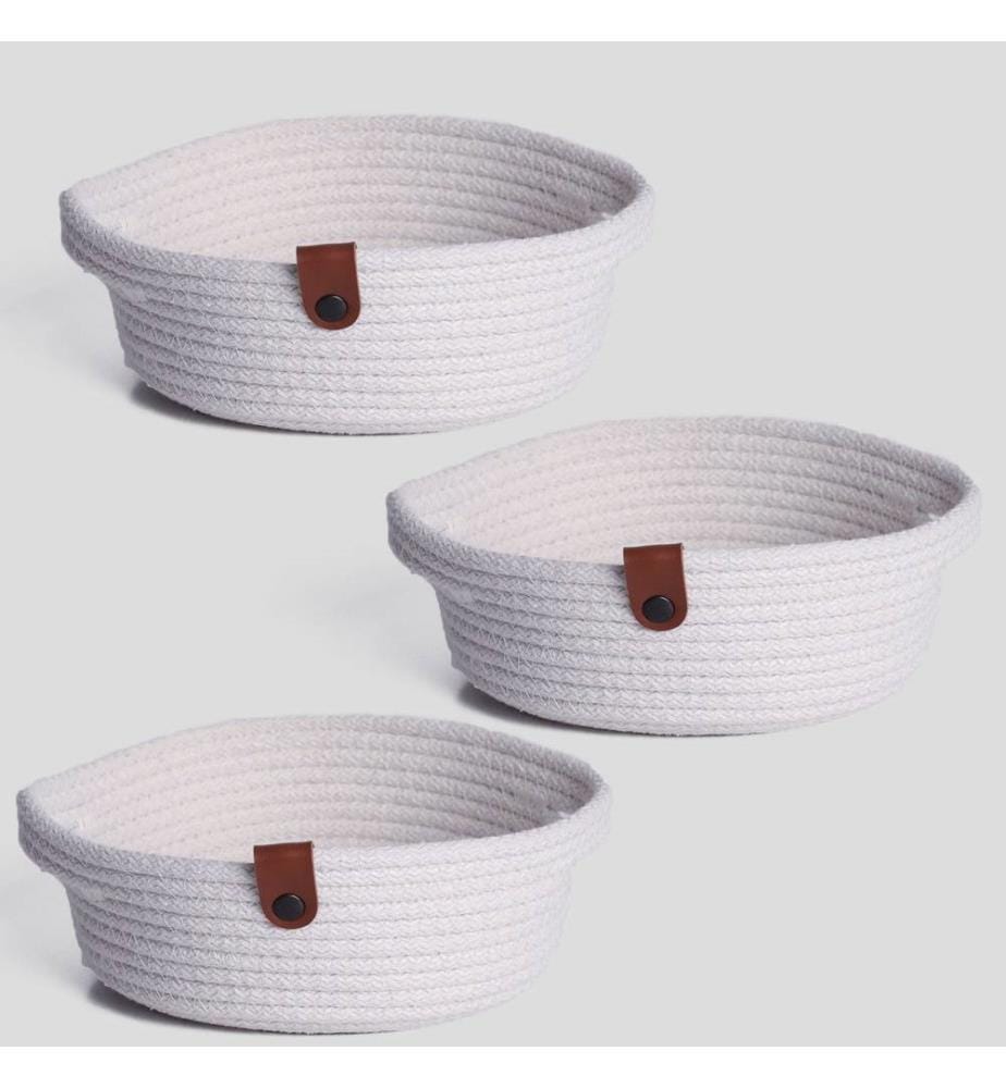 Panier en coton, 3 pièces, écru, 100% coton, corde de jute, fait main