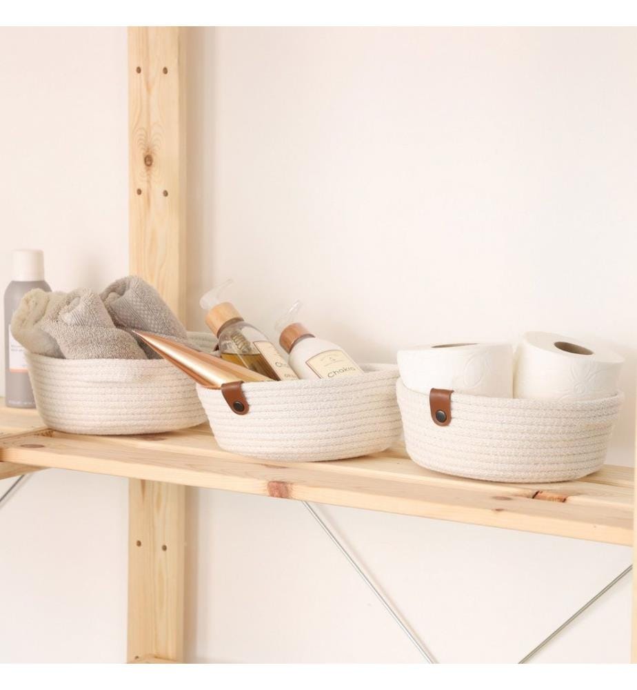 Panier en coton, 3 pièces, écru, 100% coton, corde de jute, fait main