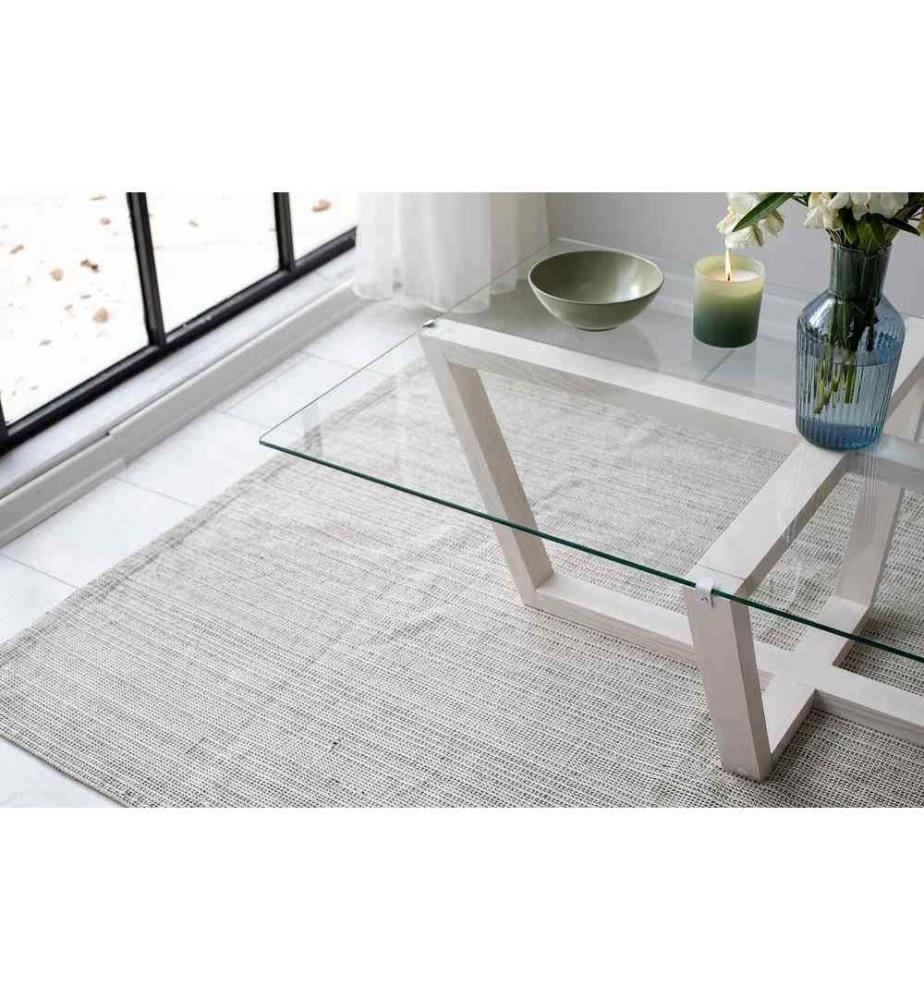 Table basse, blanche, verre trempé, cadre en pin massif