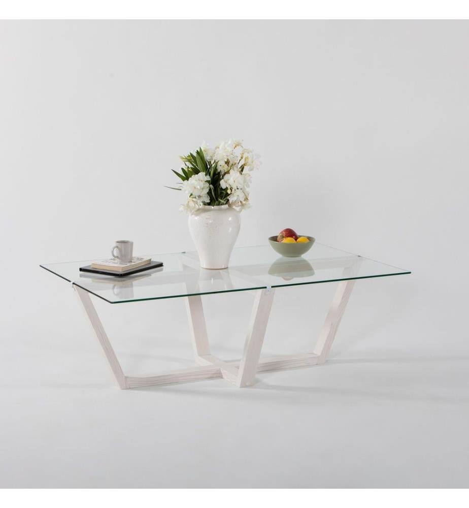 Table basse, blanche, verre trempé, cadre en pin massif