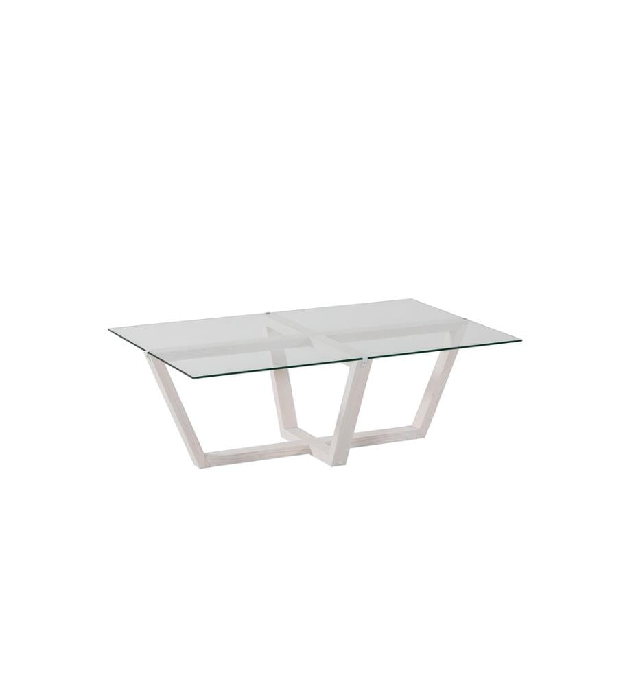 Table basse, blanche, verre trempé, cadre en pin massif