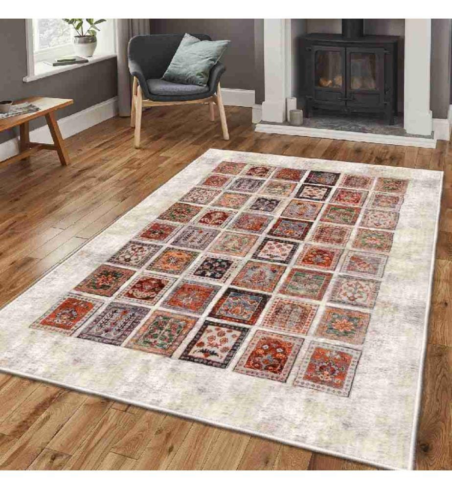 Carpet, Cream, Orange, Tile Red, Green, Black, 100% Cotton, 80 x 150 cm