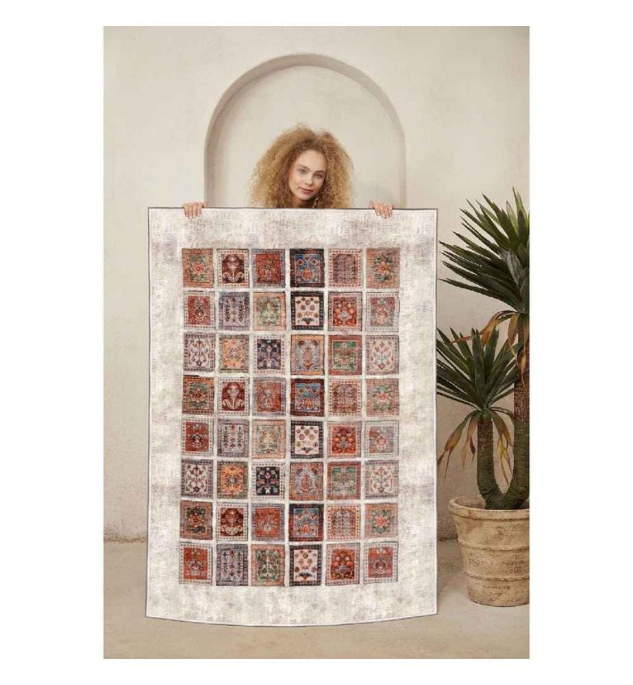 Carpet, Cream, Orange, Tile Red, Green, Black, 100% Cotton, 80 x 150 cm