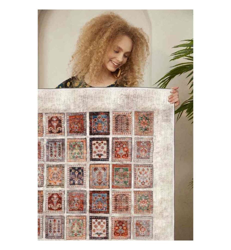 Carpet, Cream, Orange, Tile Red, Green, Black, 100% Cotton, 80 x 150 cm