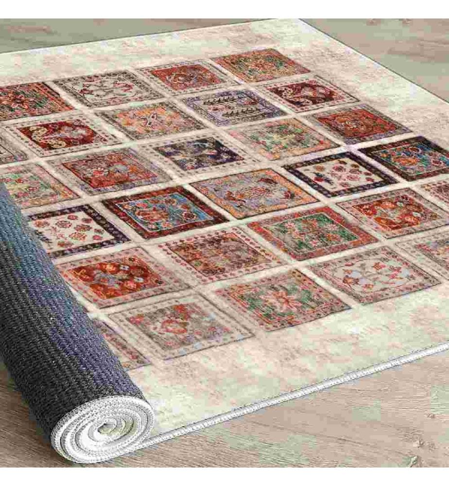 Carpet, Cream, Orange, Tile Red, Green, Black, 100% Cotton, 80 x 150 cm