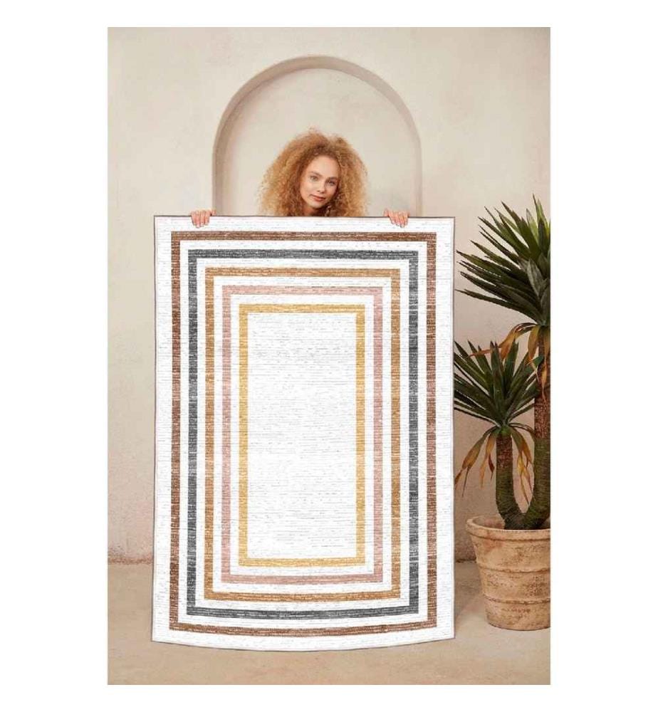 Carpet, Cream, Yellow, Tile Red, Orange, Black, 100% Cotton, 80 x 150 cm