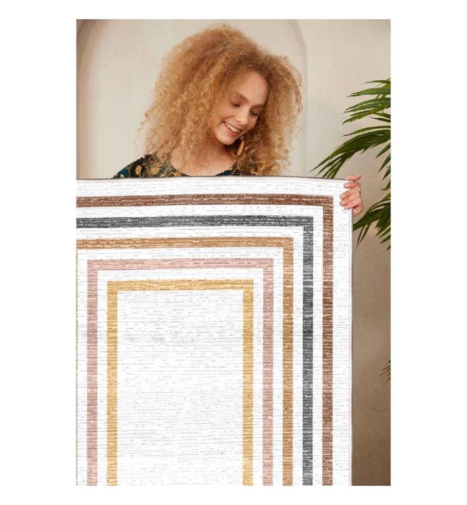 Carpet, Cream, Yellow, Tile Red, Orange, Black, 100% Cotton, 80 x 150 cm