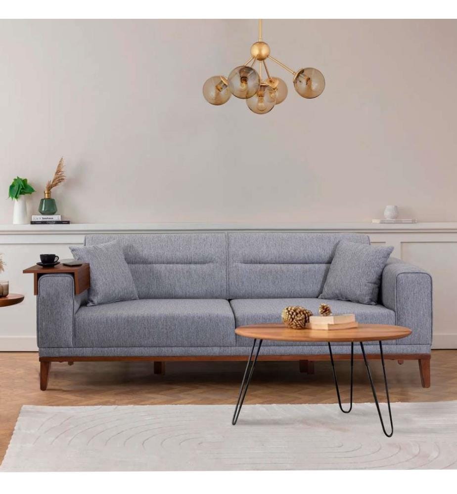 Ensemble canapé-lit, gris, cadre en bois de charme, tissu polyester