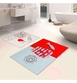 Badematten-Set, 2-teilig, blau, rot, 100% Polyester, 60 x 100 cm (1 Stück), 50 x 60 cm (1 Stück)
