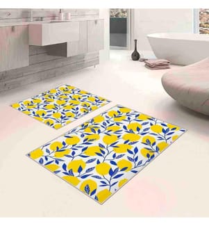 Badematten-Set, 2-teilig, Weiss, Gelb, Marineblau, 100% Polyester, 60 x 100 cm (1 Stück), 50 x 60 cm (1 Stück)