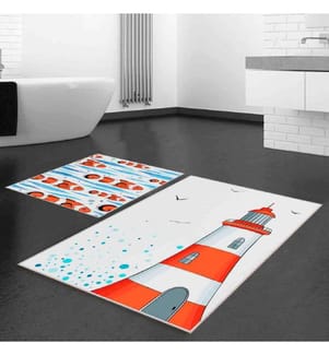Badematten-Set, 2-teilig, weiss, orange, blau, 100% Polyester, 60 x 100 cm (1 Stück), 50 x 60 cm (1 Stück)