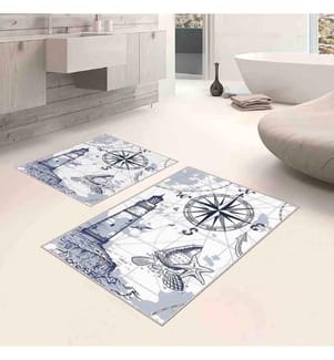 Badematten-Set, 2-teilig, Weiss, Grau, Marineblau, 100% Polyester, 60 x 100 cm (1 Stück), 50 x 60 cm (1 Stück)
