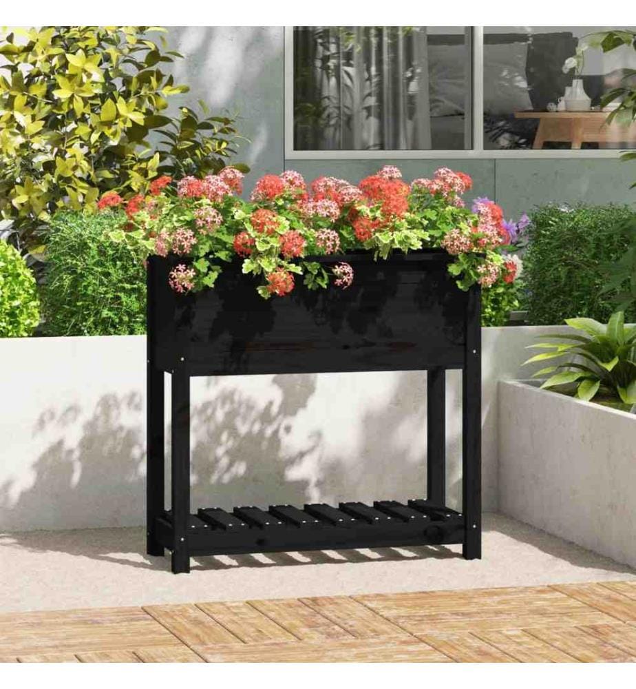 Jardinière avec étagère Noir 82,5x34,5x81 cm Bois massif de pin