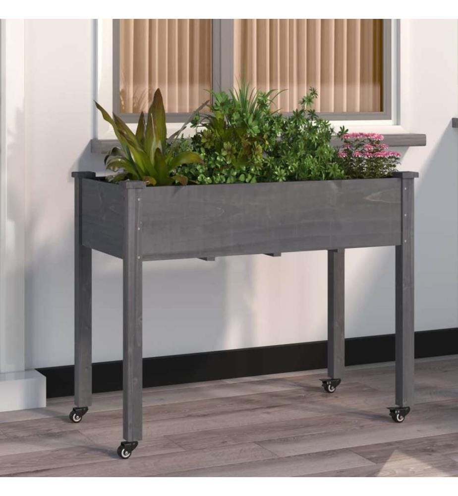 Jardinière sur roues avec doublure gris 118x59x80 cm bois sapin