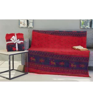Couverture TV, rouge, bleu foncé, 60% coton - 30% acrylique - 10% polyester