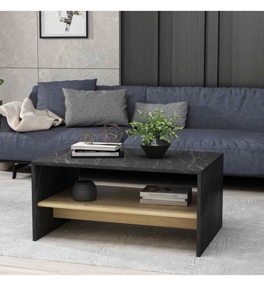 Table basse, marbre noir, chêne saphir, panneau de particules mélaminé