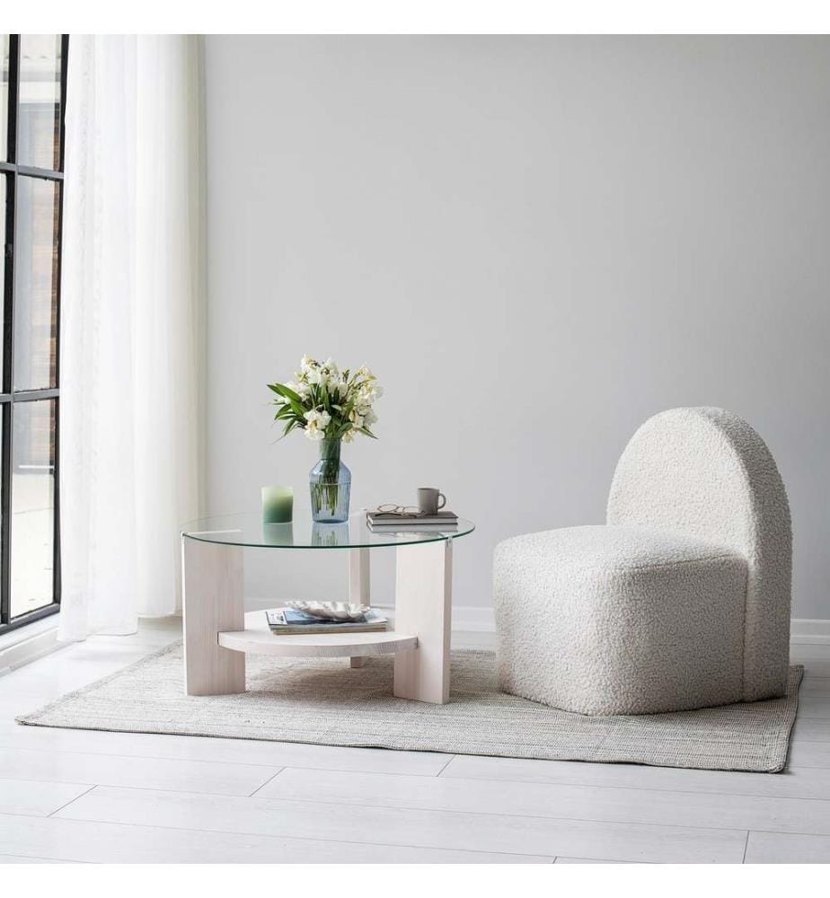 Table basse, blanche, verre trempé, cadre en pin massif