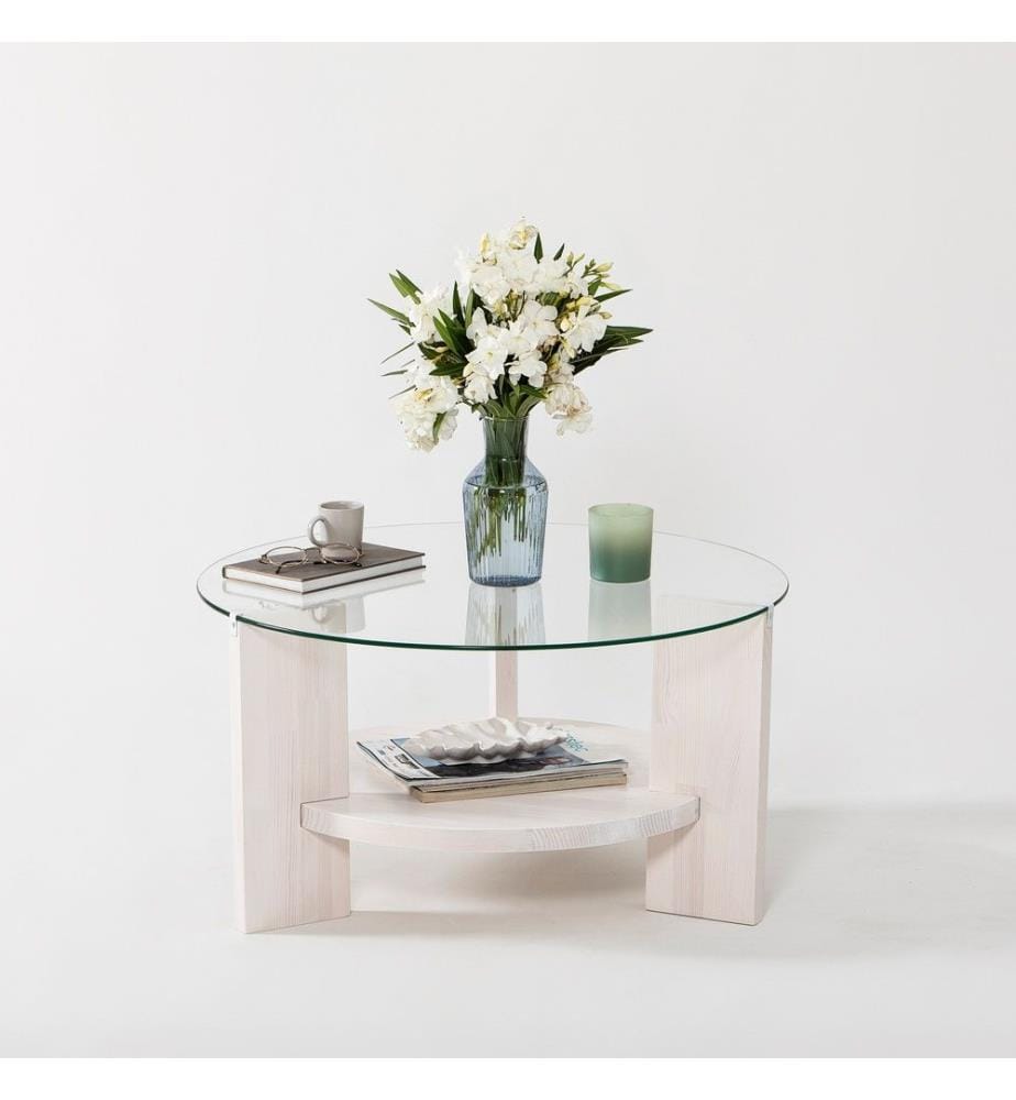 Table basse, blanche, verre trempé, cadre en pin massif