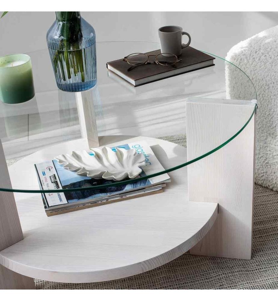 Table basse, blanche, verre trempé, cadre en pin massif