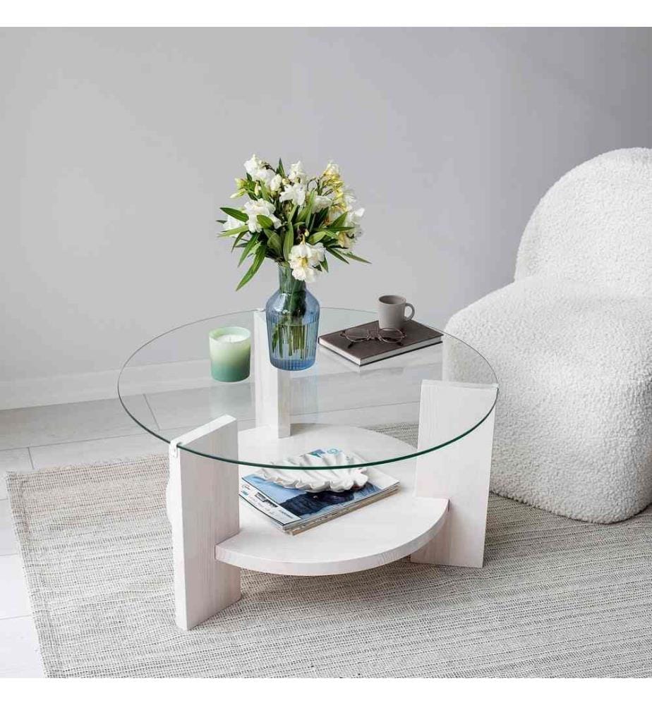 Table basse, blanche, verre trempé, cadre en pin massif