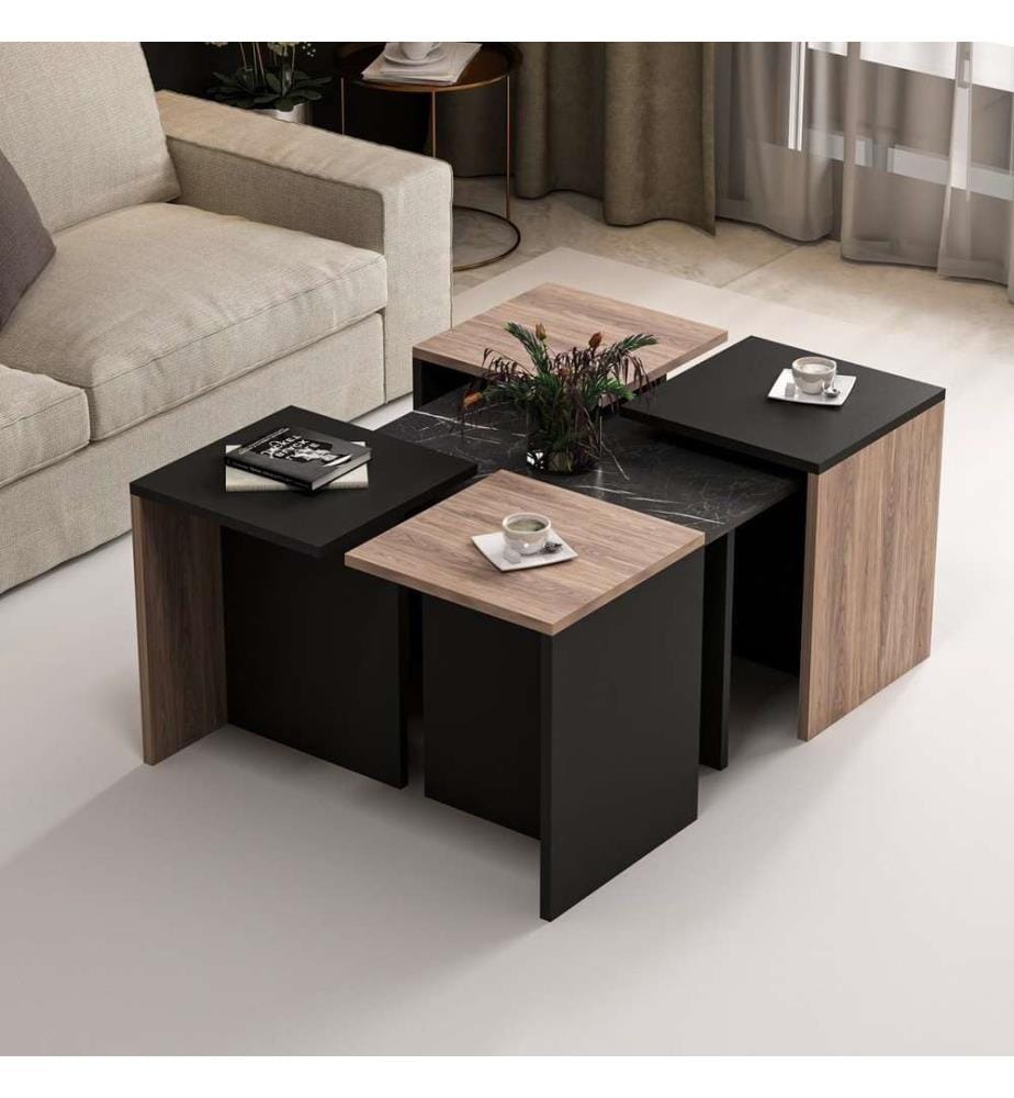 Nesting Tisch , 5 Stück, Eiche, Schwarz, Melaminbeschichtete Spanplatte
