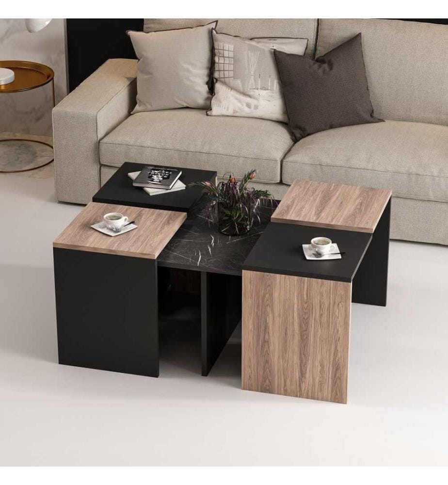 Nesting Tisch , 5 Stück, Eiche, Schwarz, Melaminbeschichtete Spanplatte