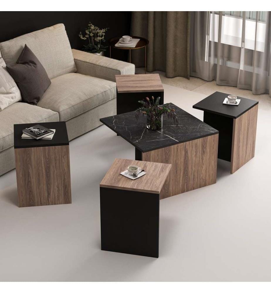 Nesting Tisch , 5 Stück, Eiche, Schwarz, Melaminbeschichtete Spanplatte