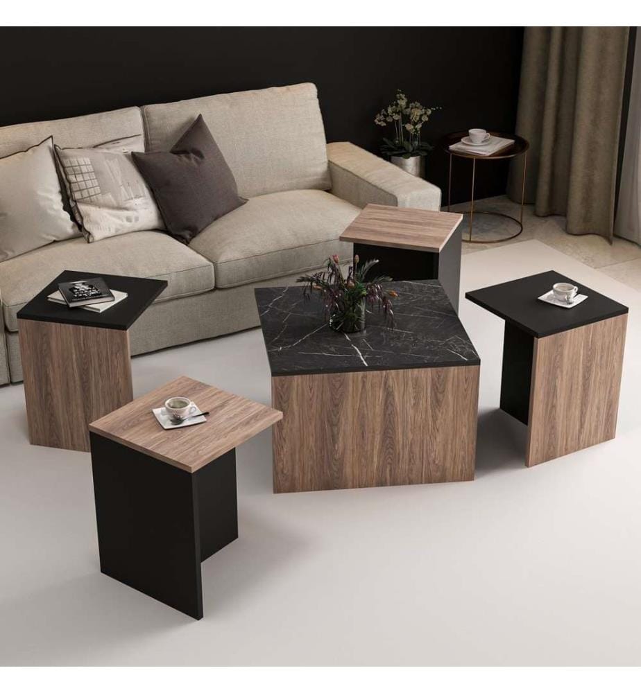 Nesting Tisch , 5 Stück, Eiche, Schwarz, Melaminbeschichtete Spanplatte
