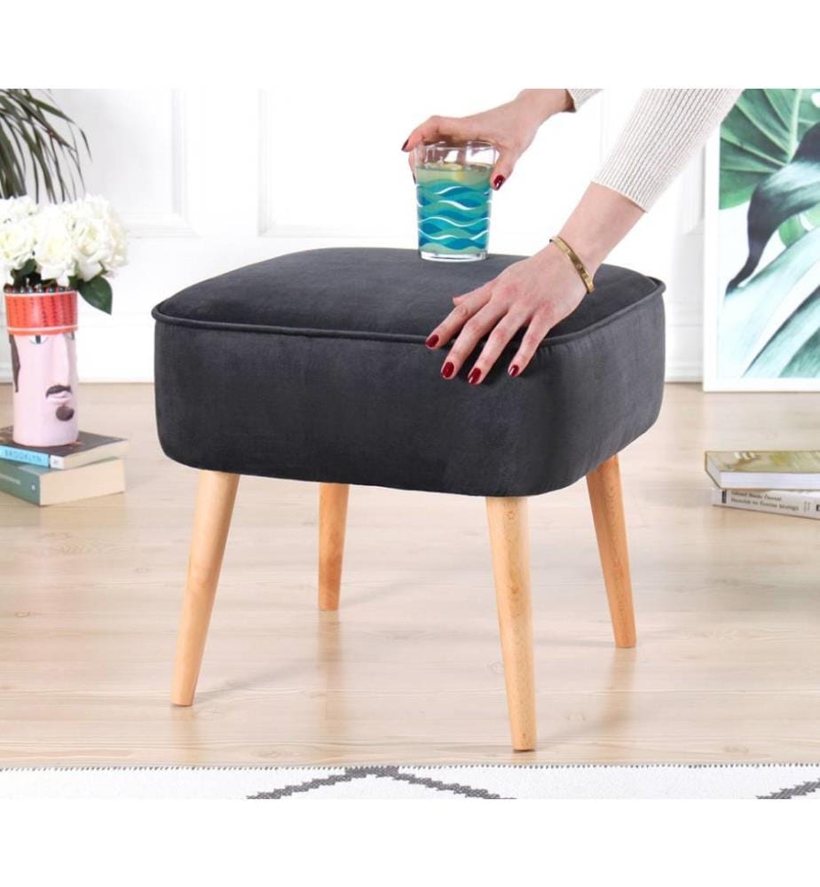 Pouffe, Dunkelgrau, Samt, Holzbeine