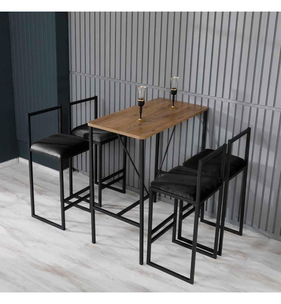 Bar Tisch & Hocker Set , 5 Stück, Nussbaum, Schwarz, Melaminbeschichtete Spanplatte, Gestell: Metall