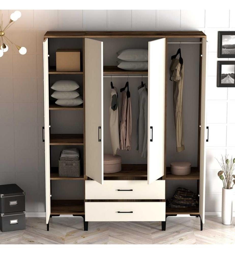 Kleiderschrank, Nussbaum, Creme, Melaminbeschichtete Spanplatte