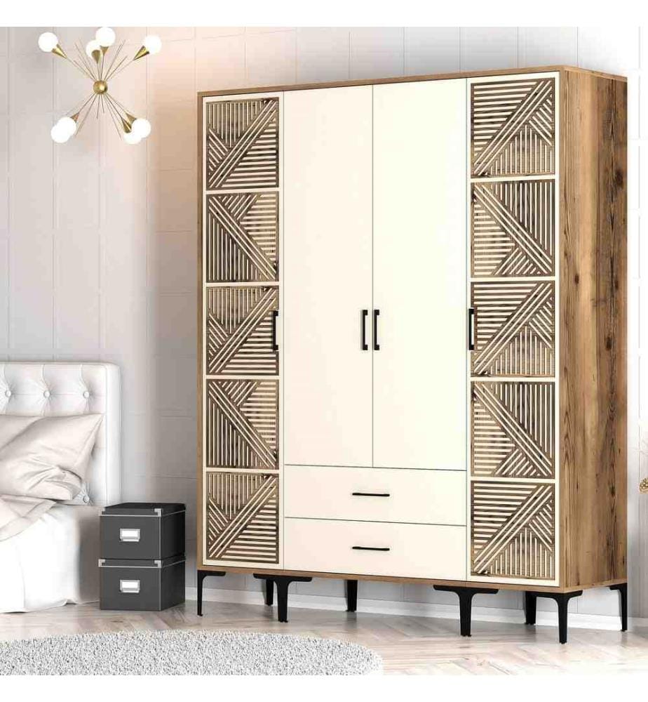 Kleiderschrank, Nussbaum, Creme, Melaminbeschichtete Spanplatte