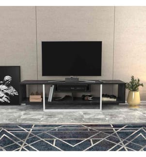 Meuble TV, Noir Blanc, Panneau de particules mélaminé