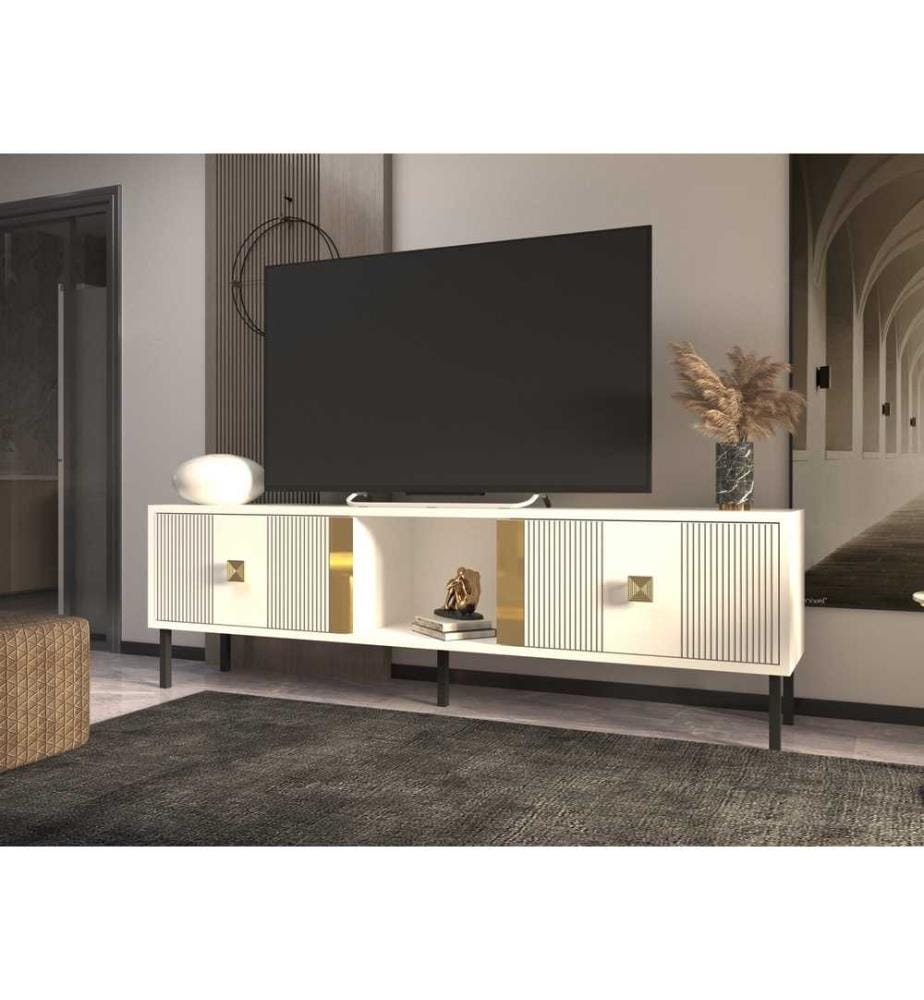 TV-Ständer, Weiss, Gold, Melaminbeschichtete Spanplatte