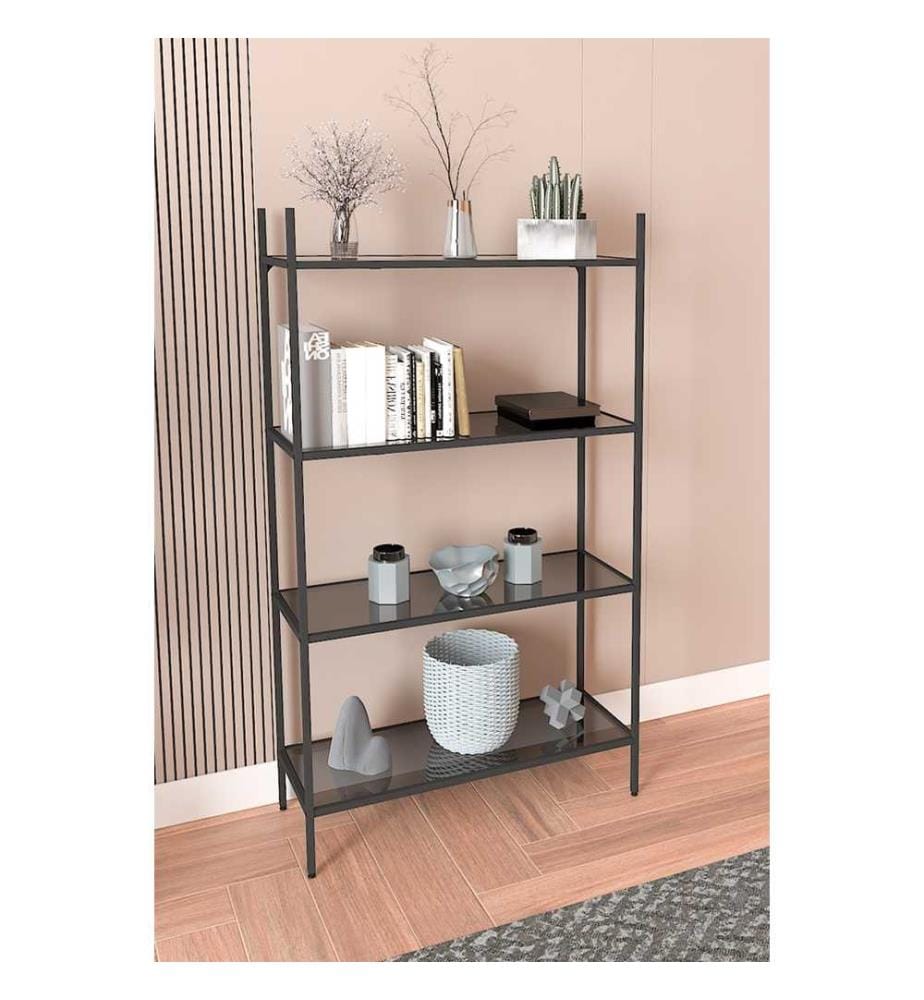 Bücherregal, Schwarz, gehärtetes Glas, Metallbeine