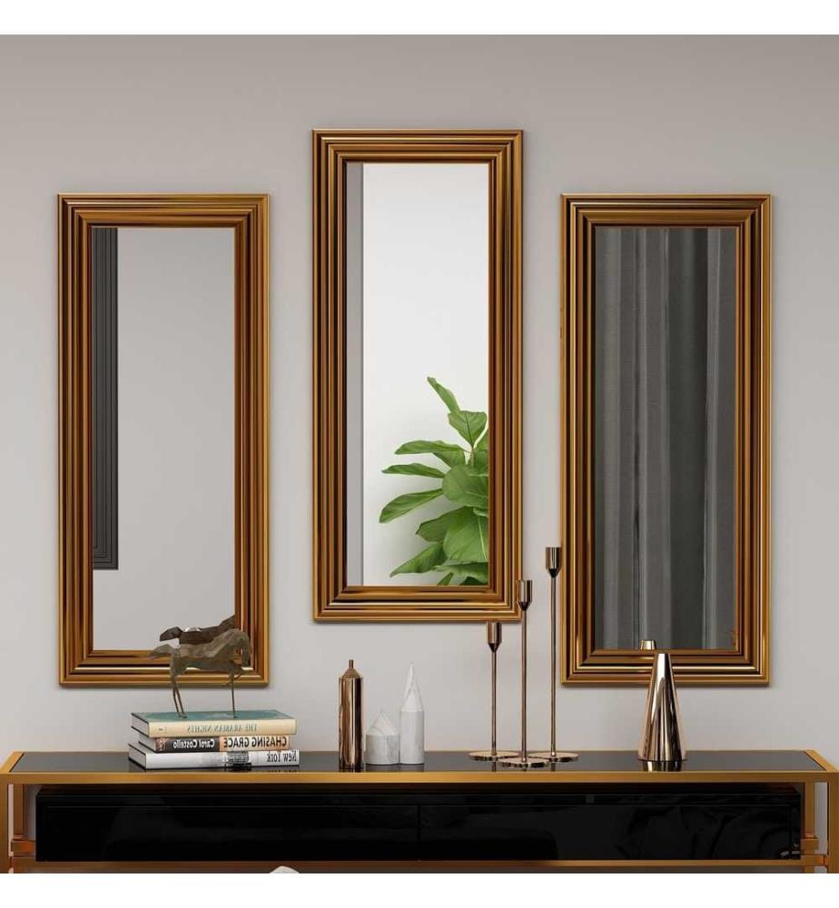 Set de miroirs, 3 pièces, doré, MDF, cadre stratifié